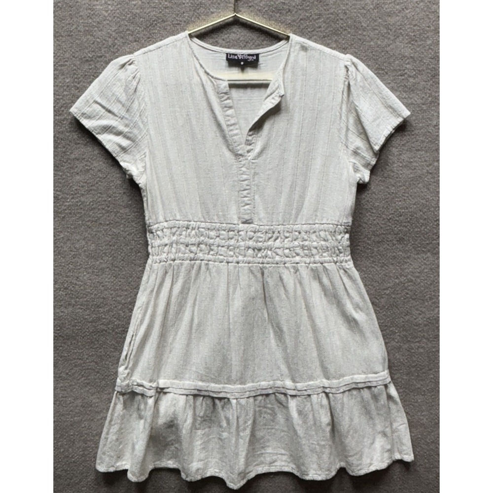 Liza Byrd Cotton Mini Dress Womens Small Oatmeal V Neck Pleated Tiered EUC
